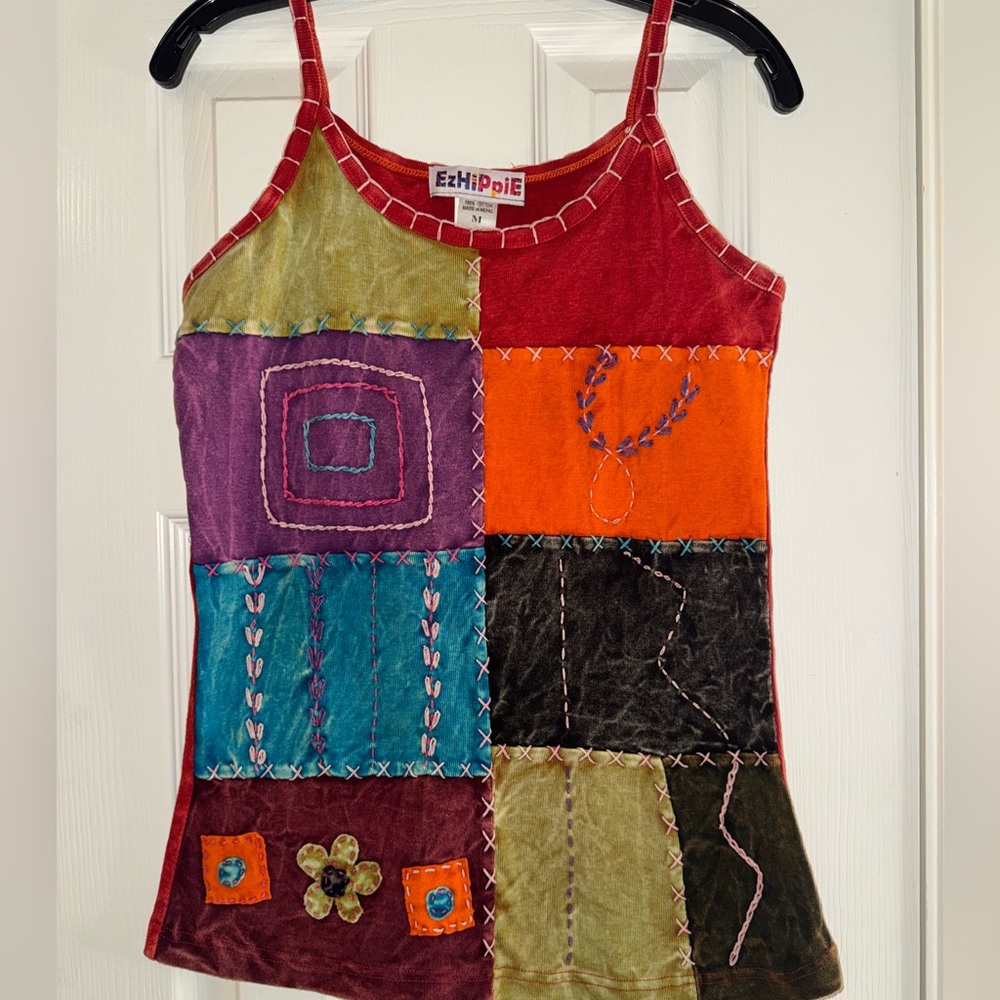 EzHippie Vibrant Red and Green Embellished Tank Top